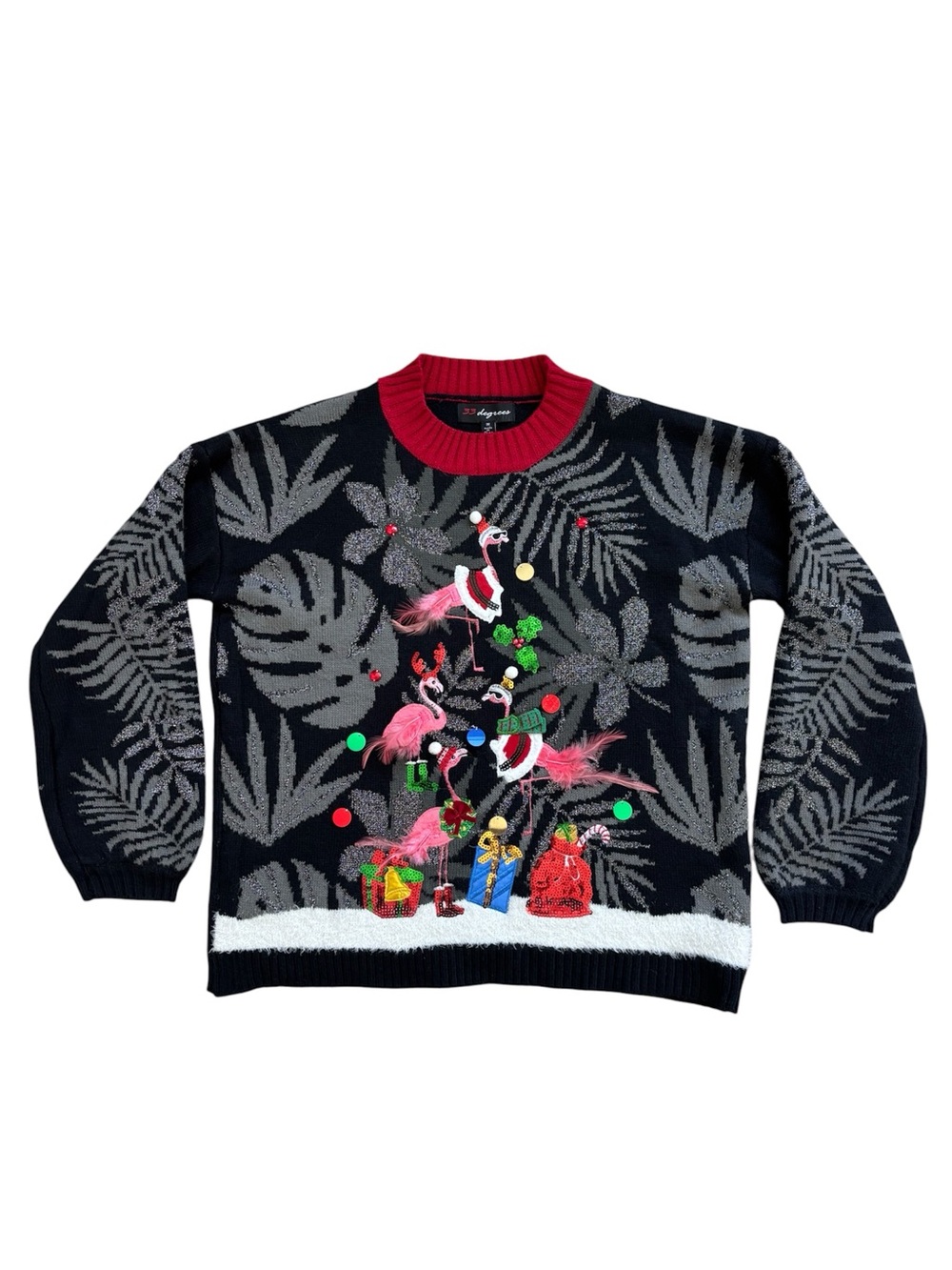 33 Degrees Ugly Christmas Sweater Tropical Flamingos Black Gray
